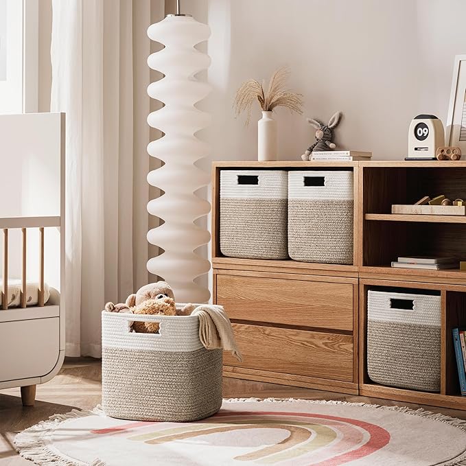 UBBCARE Set of 4 Storage Cubes-13 X 13 X 13 In, Cotton Rope Basket for Shelves, Toys, Book, Cube Storage Bin with Handles, Woven Storage Basket for Organizing, White/Brown