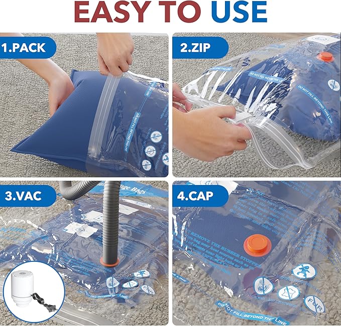 MEIQIHOME Vacuum Storage Bags, Space Saver Sealer Bags,Vacuum seal bags for clothing, Pillows, Comforters, Blankets, Bedding,8 Pack Vacuum Storage Bags with Electric Pump