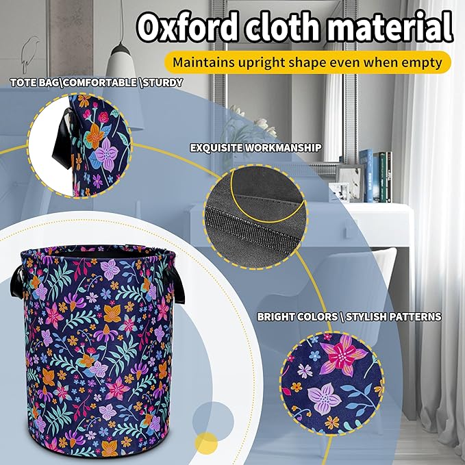 Flowers Laundry Basket Floral Foldable Oxford Cloth Funny Tote Bag Laundry Hamper Clothes Storage Bucket Toy Organizer For Bathroom/Laundry Storage/Bedroom 18.9x16.5 Inch