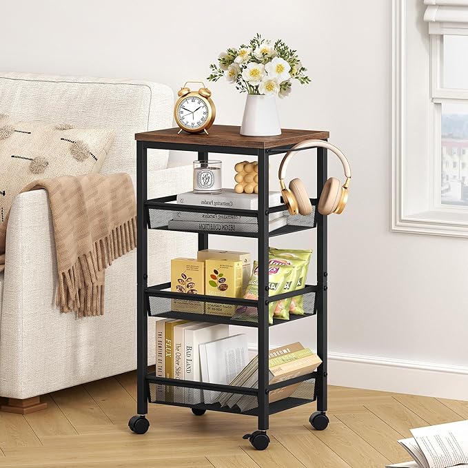 Hoctieon Rolling Storage Cart, 4-Tier 11.8" Wide Panel Kitchen Storage Cart, Utility Carts with Handle & Wheels, Mobile Shelving Unit, Metal Frame Narrow Carts for Home Kitchen, Laundry, Rustic Brown