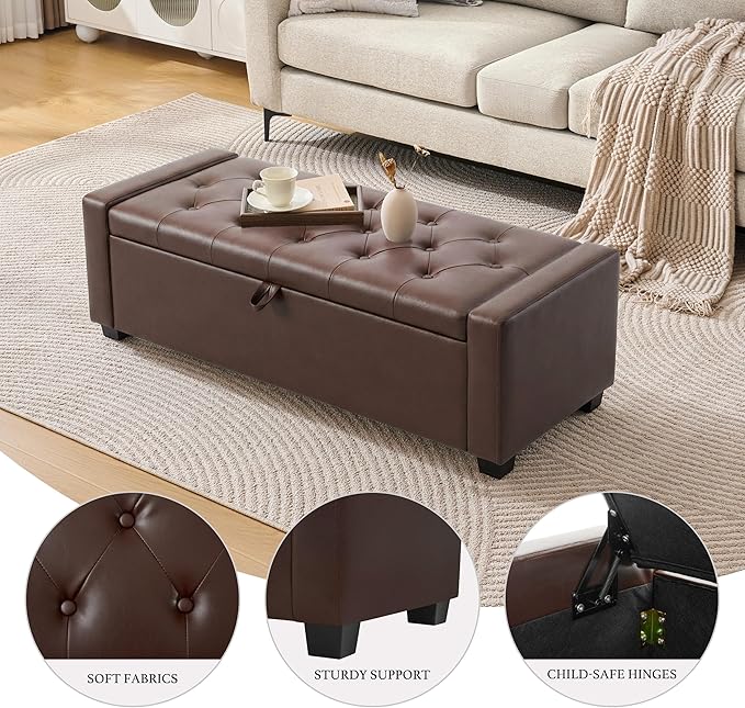 48" Ottoman with Storage, Storage Ottoman Bench with Safety Hinge, Upholstered Entryway Bench with Seating for Bedroom, Living Room, Holds up to 330 lb, Dark Brown