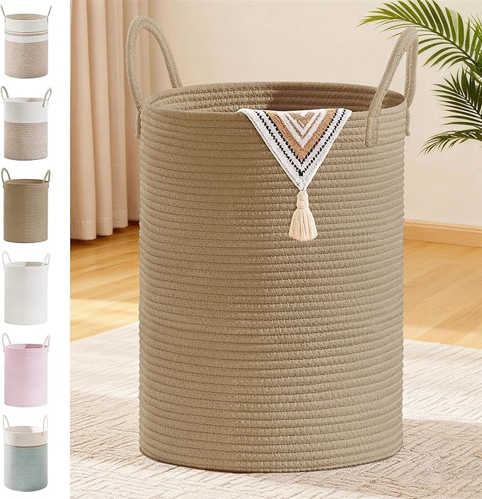 Tall Laundry Basket with Handles, 100L Portable Dirty Clothes Hamper, Boho Cotton Rope Storage Bin for Blankets Kids Toys Gifts, Extra Large Organizer for Baby Nursery Bedroom Bathroom, Jute