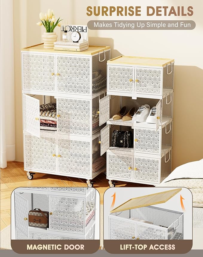 4 Tier Metal Storage Cabinet with wheels, Storage Bins with Magnetic Doors, Storage Cart for Living Room, Bedroom, Bathroom, Kitchen