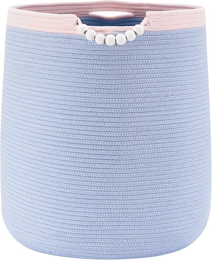 65L Blue Woven Rope Laundry Hamper Basket for Clohtes Boho Tall Rope Baskets for Blanket Large Baby Nursery Hamper for Girls Kids 16"Wide 19"Tall