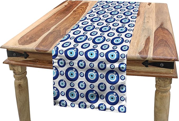 Ambesonne Evil Eye Table Runner, Symmetrical Pattern All Seeing Eye Superstitious Turkish Ethnic, Dining Room Kitchen Rectangular Runner, 12" X 72", Blue Pale Blue White