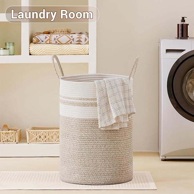 Tall Laundry Basket with Handles, 72L Portable Dirty Clothes Hamper, Boho Cotton Rope Storage Bin for Blankets Kids Toys Gifts, Large Organizer for Baby Nursery Bedroom Bathroom, New Brown
