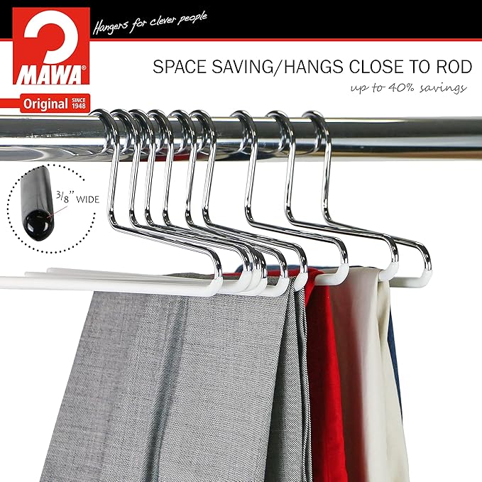 Mawa by Reston Lloyd Non-Slip Space Saving Clothes Hanger with Single Rod for Pants, Style KH/1, Set of 30, White