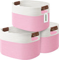 Cotton Rope Basket, Storage Baskets with Handle, 15x10x9 Inch Woven Basket for Shelves, Laundry, Towels, Clothes, Books (White/Pink 3Pack)