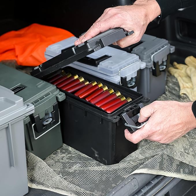 Sheffield 12629 Ammo Storage Box, Stackable .30 Cal Field Boxes, Water and Dust Resistant, Lockable Storage Box with Handle, Secures Hunting Gear, Supplies, and Bullets, Made in USA, Black, 1-Pack
