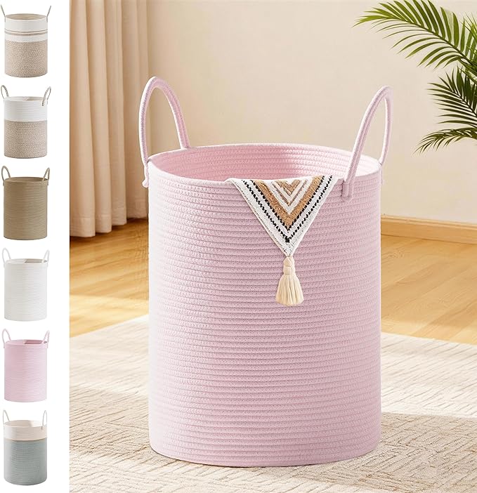 Girls' Tall Laundry Basket with Handles, 53L Portable Dirty Clothes Hamper, Boho Cotton Rope Storage Bin for Blankets Kids Toys Gifts, Decorative Organizer for Nursery Bedroom Bathroom, Pink