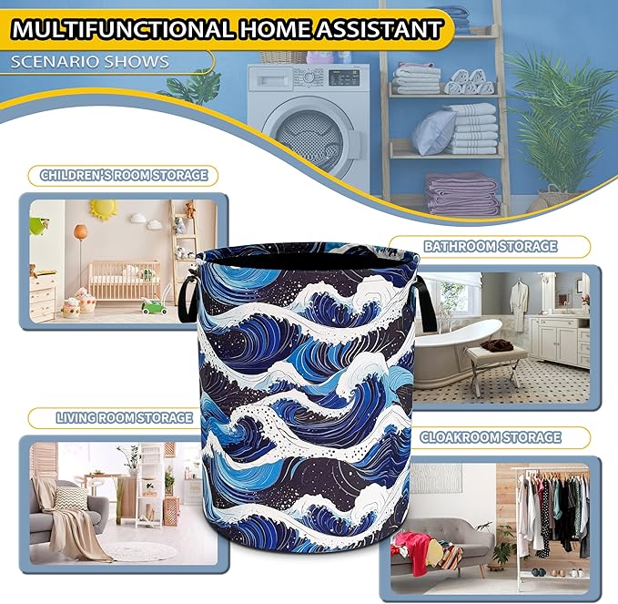 Ocean Wave Laundry Basket Sea Waves Foldable Oxford Cloth Funny Tote Bag Laundry Hamper Clothes Storage Bucket Toy Organizer For Bathroom/Laundry Storage/Bedroom 18.9x16.5 Inch
