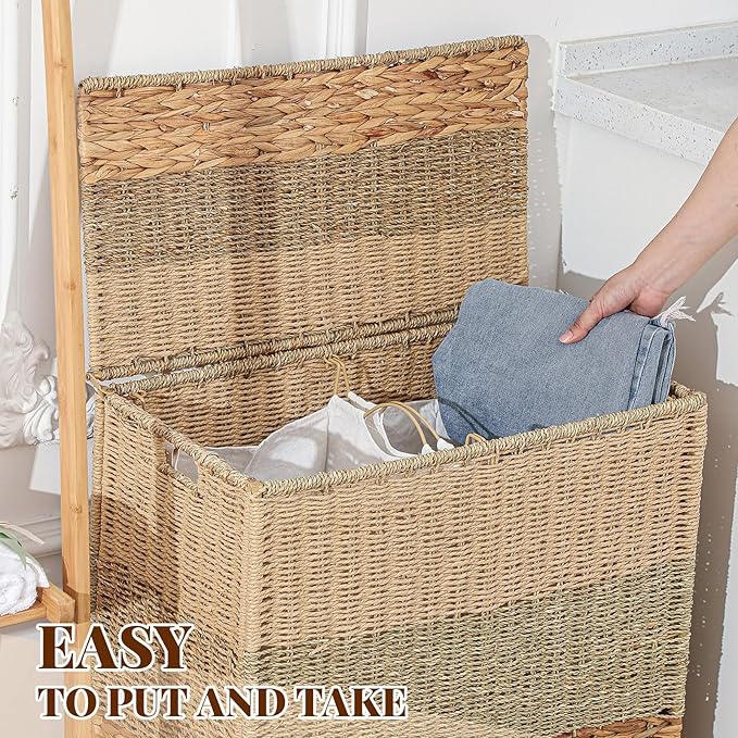 120 L Rolling Wicker Laundry Basket with Wheels Laundry Hamper with Lid Decorative Woven Hamper with Washable Removable Liner Bags and Handles for Clothes Natural Water Hyacinth (2 Sections)