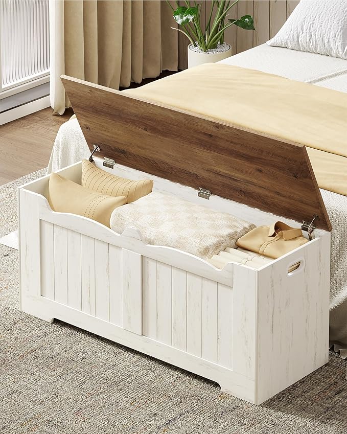 43.3" Storage Chest, Extra Large Storage Bench Trunk with 2 Hinges, Wooden Box, Lift-Top Chest Organizer, Shoe Bench for Entryway, Bedroom, Living Room, White and Brown SB25514X