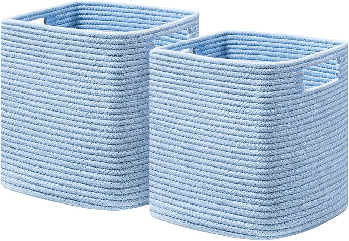 UBBCARE Storage Cubes 11 Inch, Cotton Rope Woven Baskets for Organizing, Cube Storage Bin for Baby Nursery, 2-Pack Square Toy Storage Baskets for Shleves Organizer, Closet, Kidsroom, Blue