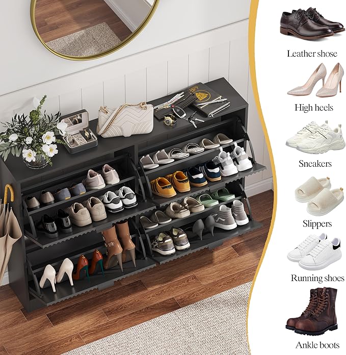 Shoe Cabinet Storage for Entryway with 4 Flip Drawers, Black Fluted Shoe Cabinet with Adjustable Shelves, Wooden Hidden Shoe Rack Freestanding Narrow Slim Shoes Storage for Hallway, Entrance