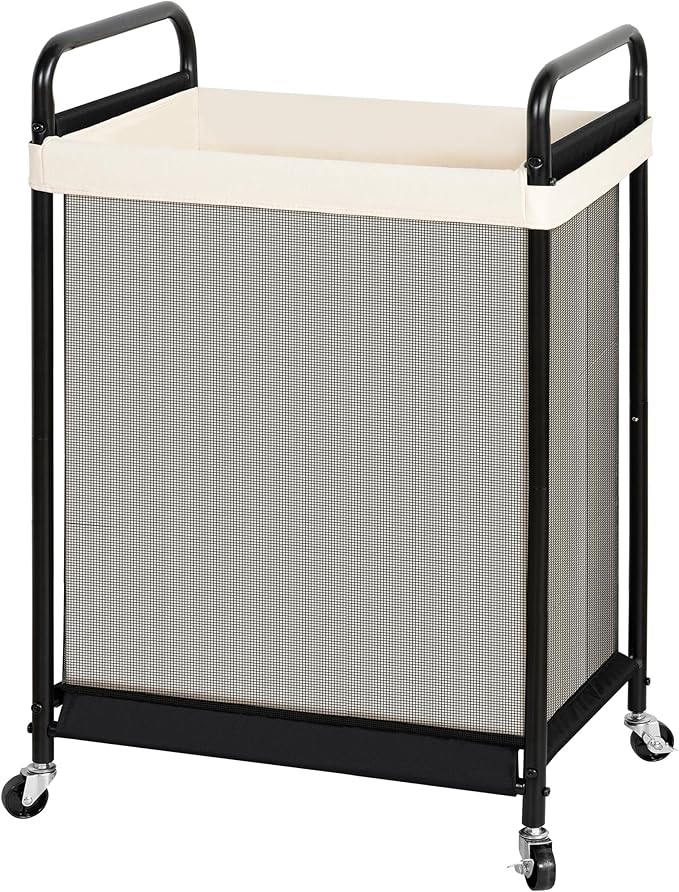 STO STO 120L Large Laundry Hamper with Wheels, Rolling Laundry Basket Cart with Removable Canvas Liner Bag, Lockable Wheels, Metal Frame, Dirty Clothes Hamper for Bedroom, Bathroom, Laundry Room