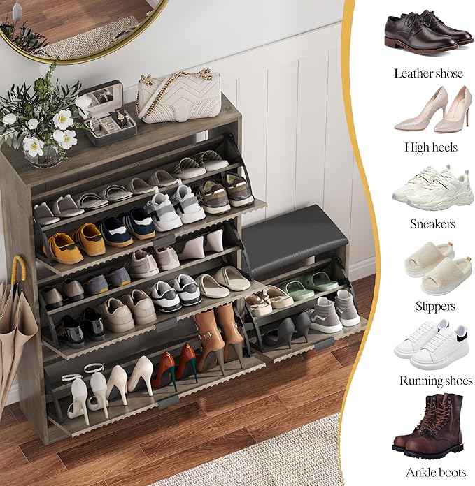 Shoe Cabinet Storage for Entryway with 4 Flip Drawers, Grey Fluted Shoe Cabinet with Bench, Wooden Hidden Shoe Rack Freestanding Narrow Slim Shoes Storage Organizer for Hallway, Entrance