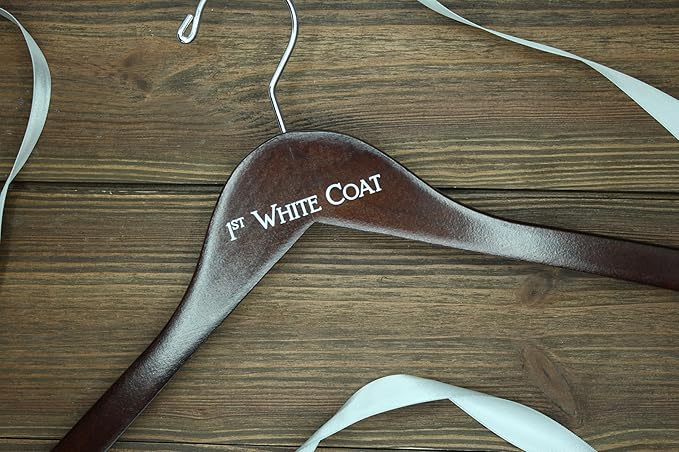 1st White Coat Hanger | Medical School Graduation Gift for Doctors, Pharmacists & Nurses | White Coat Ceremony Keepsake | Dark Walnut Engraved Wood Hanger