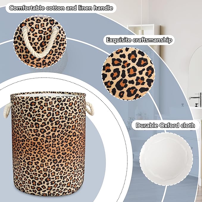 Leopard Print Laundry Basket with Handles Collapsible Laundry Hamper Waterproof Toy Organizer Funny Dirty Clothes Hamper for College Dorm Bathroom Bedroom