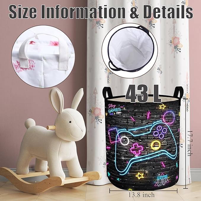 Gamer Laundry Basket Boys Hamper Foldable Kids Clothes Hampers Storage Basket Toy Organizer Boys Bedroom Decor (Neo gamepad, 43L)