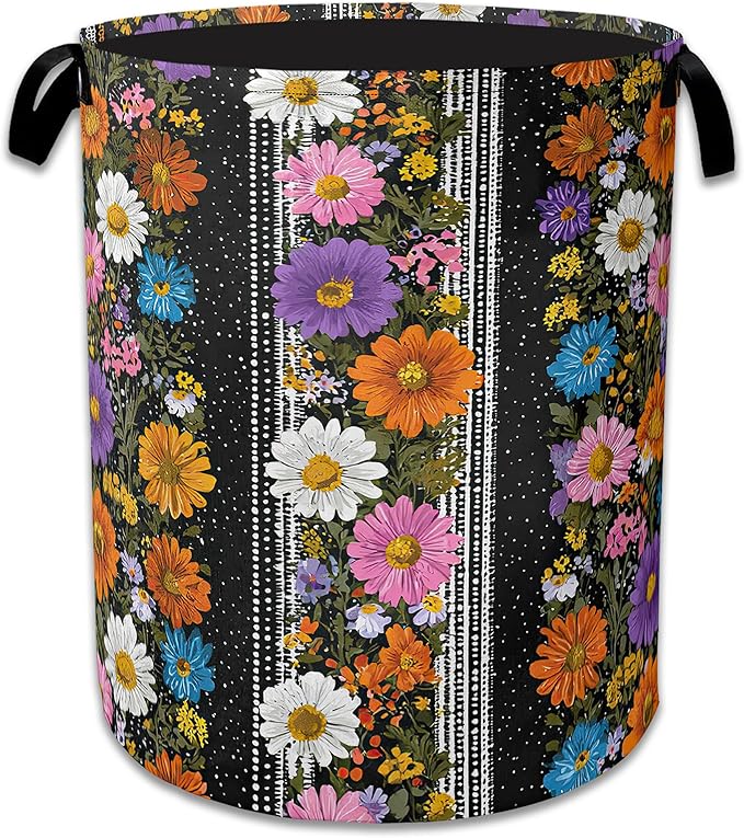 Flower Art Laundry Basket Oxford Cloth Laundry Hamper With Handle, Clothes Storage Basket Toy Organizer for Bathroom/Bedroom/Dormitories 16" X 20.8"