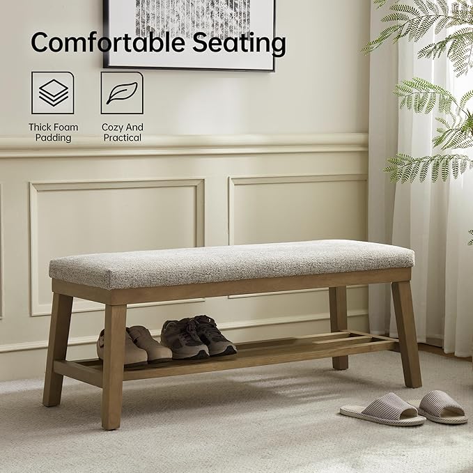 VKNOW Entryway Bench, 44.4" Upholstered Storage Shoe Bench for Entryway & Bedroom, Shoe Rack Bench with Rubberwood Legs, Modern End of Bed Bench for Living Room and Hallway, Brown