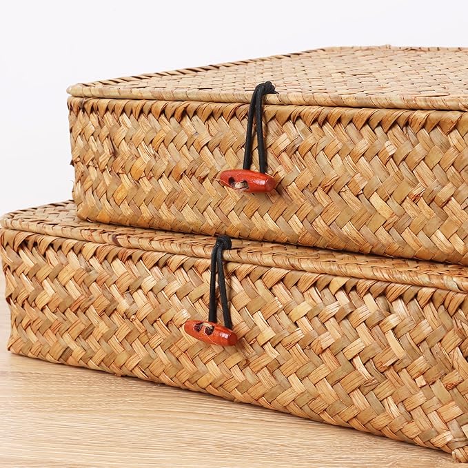 Flat Wicker Shelf Baskets with Lid, Seagrass Woven Basket Boxes for Storage Basket Bins Multipurpose Home Decor Organizer (Natural Small)