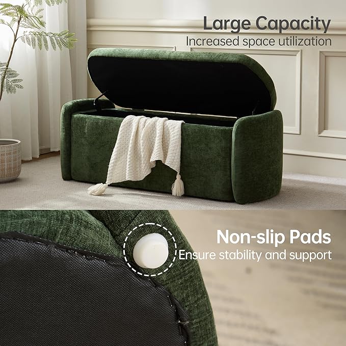 VKNOW Oval Storage Ottoman Bench, 46" Upholstered End of Bed Bench Ottomans Bench Foot Rest, Sherpa Storage Bench for Bedroom, Living Room and Hallway, Green