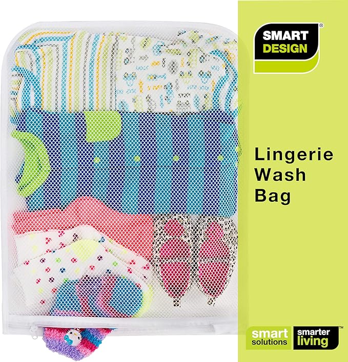 Smart Design Wash Bag w/ Safety Zipper - Washing Machine Safe - Fine Mesh Nylon Polyester - Bra, Hosiery, Pantyhose, Delicates, Lingerie, & Baby Clothes (18 x 14 Inch) [White]