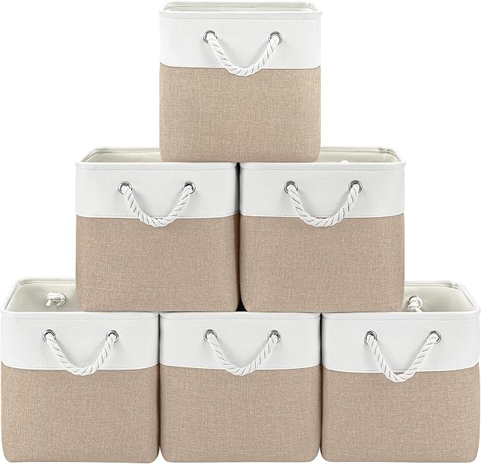 11 Inch Cube Storage Bins, 6 Pack Fabric Storage Cubes with Rope Handles, Organizer Baskets for Closet Shelves, Clothes and Home Organization(White/Khaki)