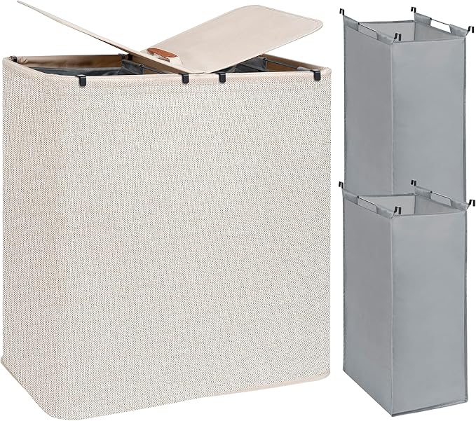 STORAGE MANIAC Double Laundry Hamper, 136L Laundry Sorter with Lid and Removable Bags, Clothes Hamper, Large 2 Section Clothes Basket with Handles for Small Space, Dorm, Closet, Bathroom, Beige