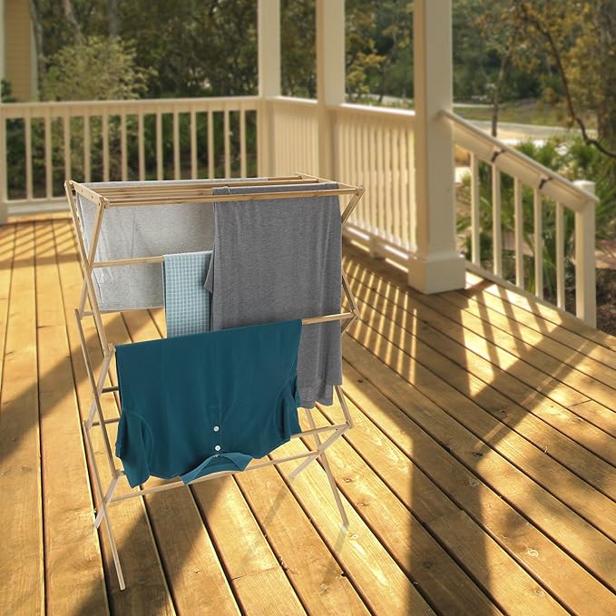 Bamboo Clothes Drying Rack - Collapsible and Compact for Indoor/Outdoor Use - Portable Wooden Rack for Hanging and Air-Drying Laundry by Lavish Home