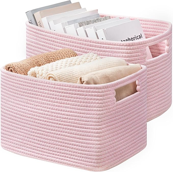 UBBCARE 2 Pack Storage Baskets for Organizing, Shelf Baskets with Handles, Woven Storage Baskets for Bookcase/Cube Shelf/Closet, 14.5"L x 9.8"W x 9"H, Pink