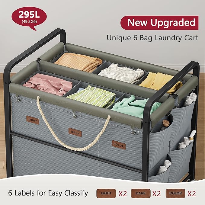 Tajsoon 295L Extra Large Laundry Cart 6 Section, Heavy Duty Laundry Sorter with Lockable Wheels, Laundry Basket with Sturdy Metal Frame, Leather Patchwork Laundry Separated with Removable Bags, Grey