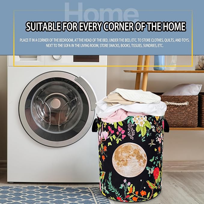 Moon Flower Laundry Basket Beautiful Floral Foldable Oxford Cloth Funny Tote Bag Laundry Hamper Clothes Storage Bucket Toy Organizer For Bathroom/Laundry Storage/Bedroom 18.9x16.5 Inch