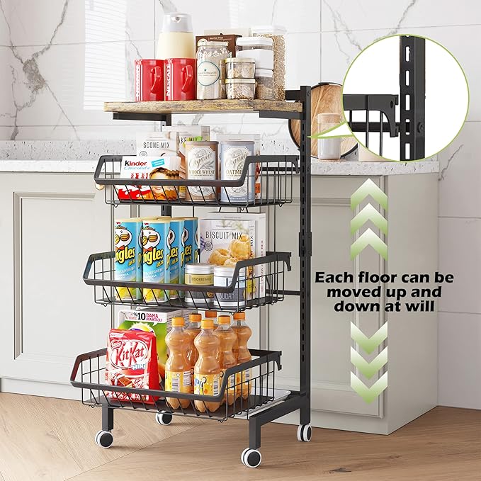 COVAODQ Fruit Basket 4 Tier Adjustable Fruit Vegetable Basket Cart Metal Wire Storage Cart Rolling Pantry Utility Kitchen Cart