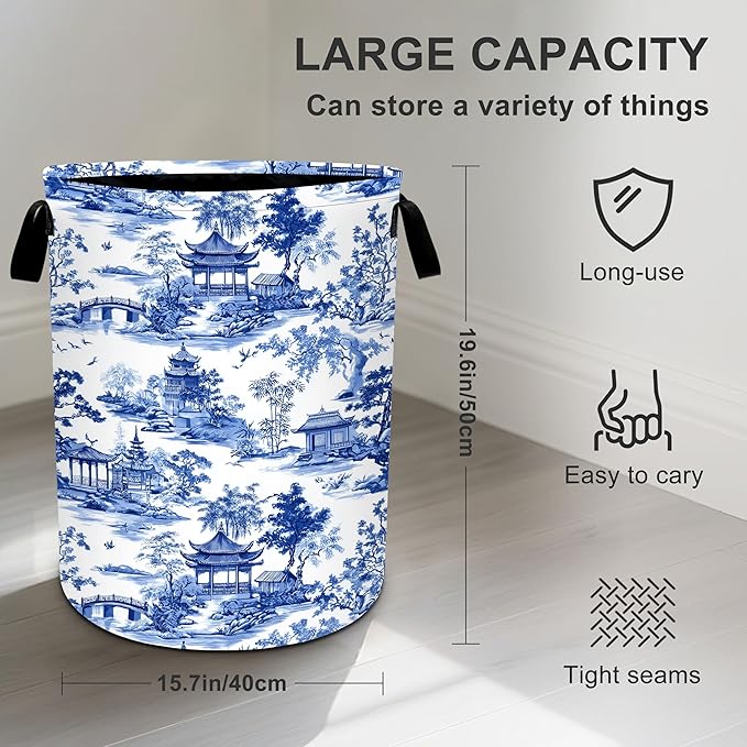 Chinoiserie Laundry Basket Storage Bin Foldable Laundry Hamper Clothes Storage Bucket Organizer 19.6x15.7 Inch For Laundry Room/Bedroom/Bathroom