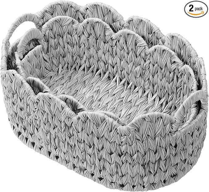 Wicker Scalloped Basket Set of 2,Woven Storage Baskets for Shelves,Closet,Laundry,Gift,Towels,Books,Toys,Waterproof Cute Decor Basket for Organizing,Grey