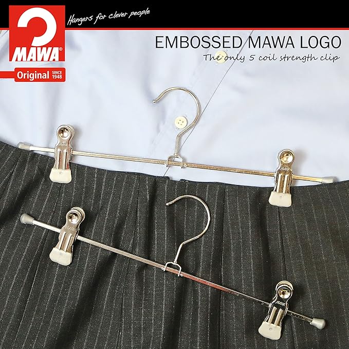 MAWA by Reston Lloyd Space-Saving Clothes Hanger for Pants and Skirts with Two Non-Slip Clips Style K/30D, Set of 12, Silver, 12 Count,18740M