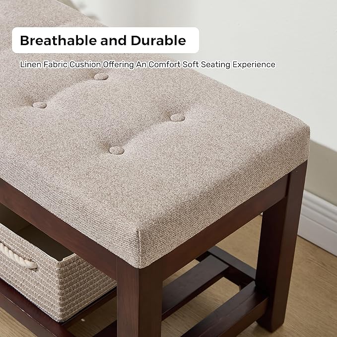 Shoe Bench Entryway, 44" End of Bed Bench,Upholstered Linen Bench for Living Room,Fabric Ottoman Bench with Solid Wood Shelf for Bedroom, Entrance Lightbrown