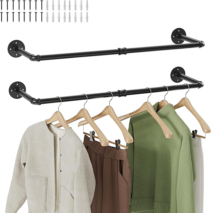 Wall Mounted Clothes Rack 2 Pack, Industrial Pipe Clothing Rack 36 Inch Black, Wall Clothes Hanger for Bedroom, Cloakroom, Closet, Hallway, Boutique Display, Drying Racks Wall-Mount for Laundry