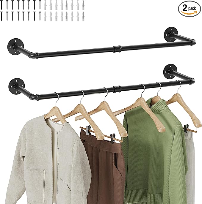 Wall Mounted Clothes Rack 2 Pack, Industrial Pipe Clothing Hanger 32 Inch Black, Heavy Duty Wall Mount Closet Rod for Bedroom, Entryway, Laundry Drying Rack, Retail Display Clothes Rod