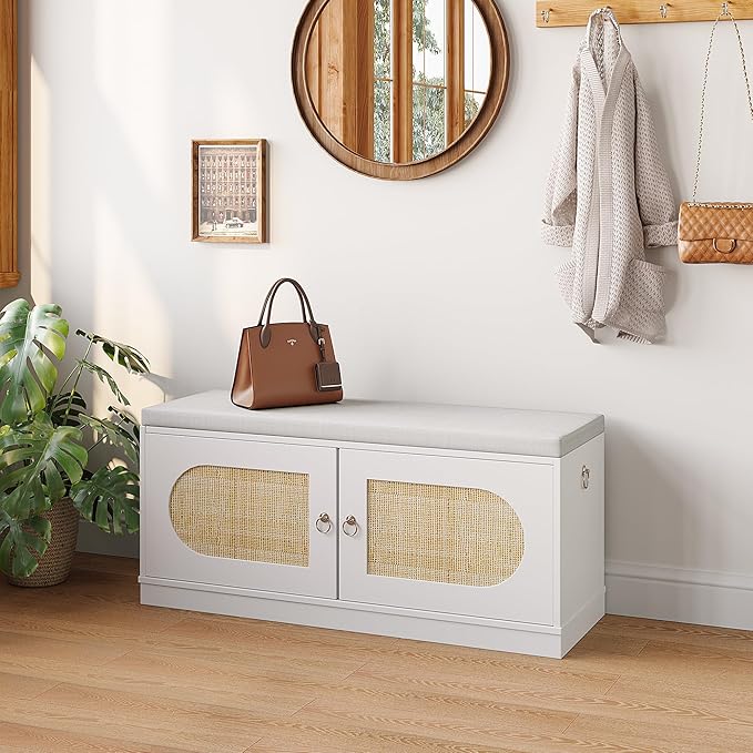 2-Tier Rattan Shoe Storage Bench, 39.4" W Shoe Bench with Padded Seat Cushion, Entryway Bench with Handles, 2 Doors, Adjustable Shelf for Living Room, Bedroom, Front Door, Hallway - Natural