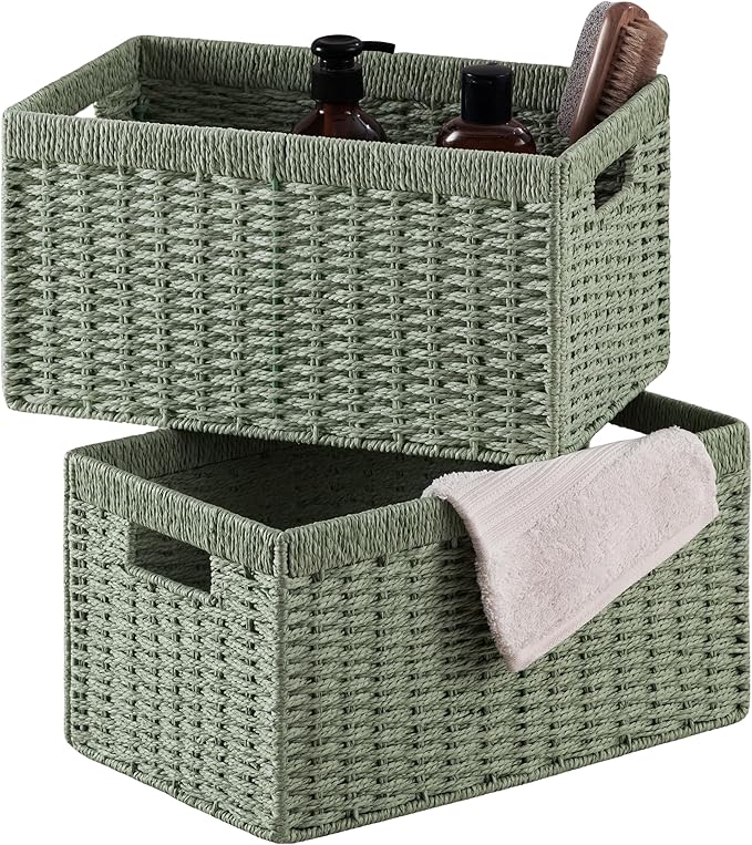 UBBCARE 2 Pack Wicker Basket, 13.4L×8.3H×7.1W inch Woven Paper Rope Storage Baskets for shelves, Foldable Rectangular Storage Baskets with Handle, Storage Basket for Organizing, Green