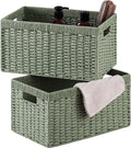 UBBCARE 2 Pack Wicker Basket, 13.4L×8.3H×7.1W inch Woven Paper Rope Storage Baskets for shelves, Foldable Rectangular Storage Baskets with Handle, Storage Basket for Organizing, Green