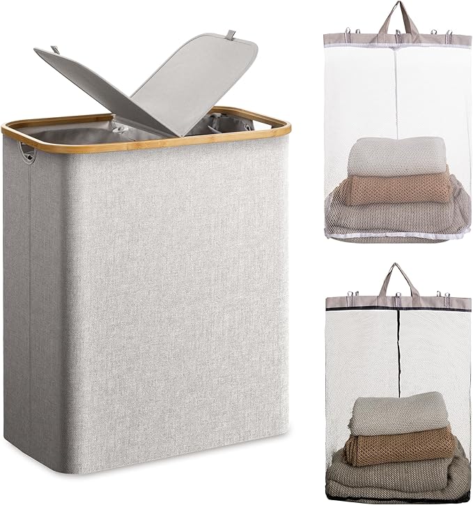 HBlife 145L Extra Large Double Laundry Hamper with Lid and Removable Inner Bag, 2 Section Collapsible Dirty Clothes Basket Organizer for Bathroom, Bedroom and Laundry Room, Light Grey