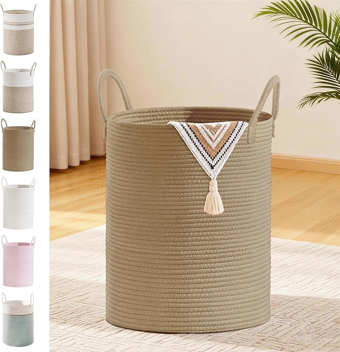 Tall Laundry Basket with Handles, 53L Portable Dirty Clothes Hamper, Boho Cotton Rope Storage Bin for Blankets Kids Toys Gifts, Decorative Organizer for Baby Nursery Bedroom Bathroom, Jute