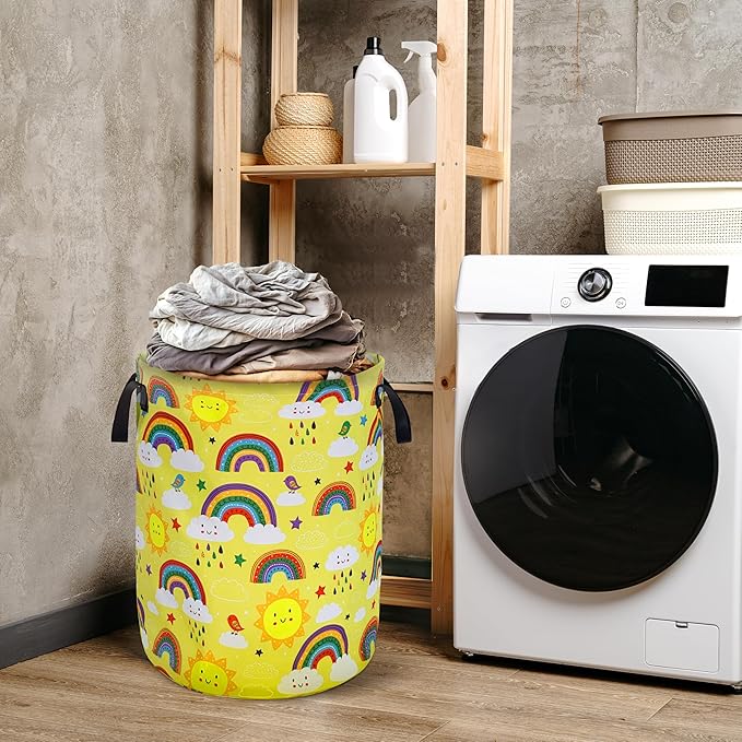 Sun Rainbow Laundry Basket Foldable Oxford Cloth With Handle Portable Children's Clothes Hamper Organizer Suitable For Laundry Room/Bedroom/Living Room/Children'S Room (18.9 Hx 16.5Dia)