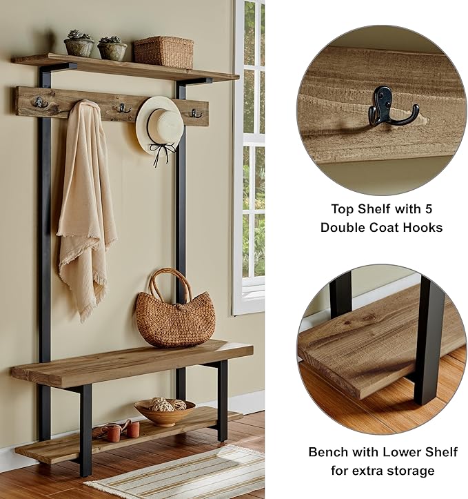 Alaterre Furniture Pomona Entryway Organizer – Modern Farmhouse 48-Inch Solid Wood Hall Tree with Bench, Shelves & Metal Coat Hooks – Mudroom & Foyer Storage for Jackets, Bags & Shoes (Rustic Brown)