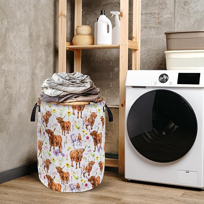 Cows Flowers Laundry Basket Foldable Oxford Cloth With Handle Portable Highland cattle Storage Basket Organizer Suitable For Laundry Room/Bedroom/Living Room/Children'S Room (18.9 X 16.5 Inch)